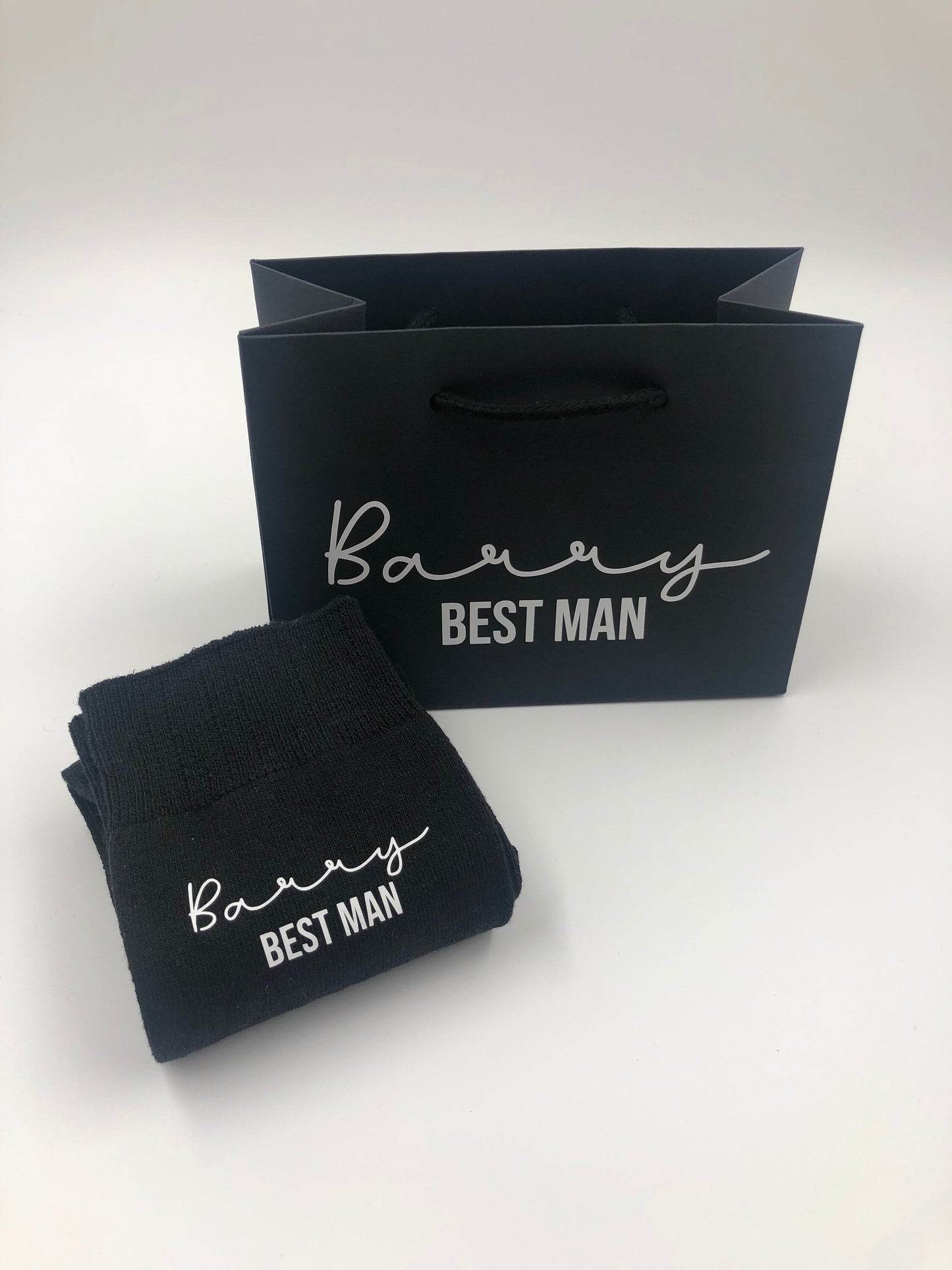 Personalised black socks with matching small black gift bag - best man, groom, father of the bride, father of the groom, groomsman