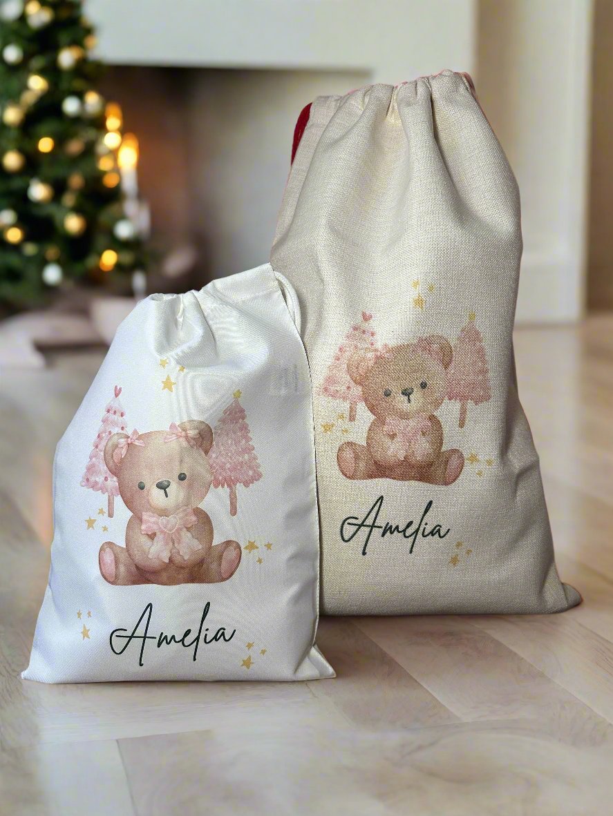 Pink Christmas Teddy Bear Sacks/Stocking