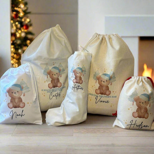 Blue Christmas Teddy Bear Sacks/Stocking