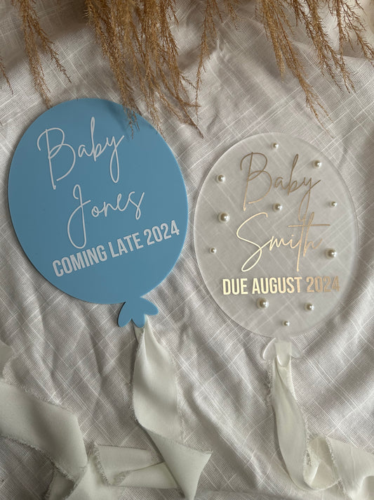 Personalised Acrylic/Wooden Balloon Disc Baby Pregnancy Announcement/New Baby/Gender Reveal