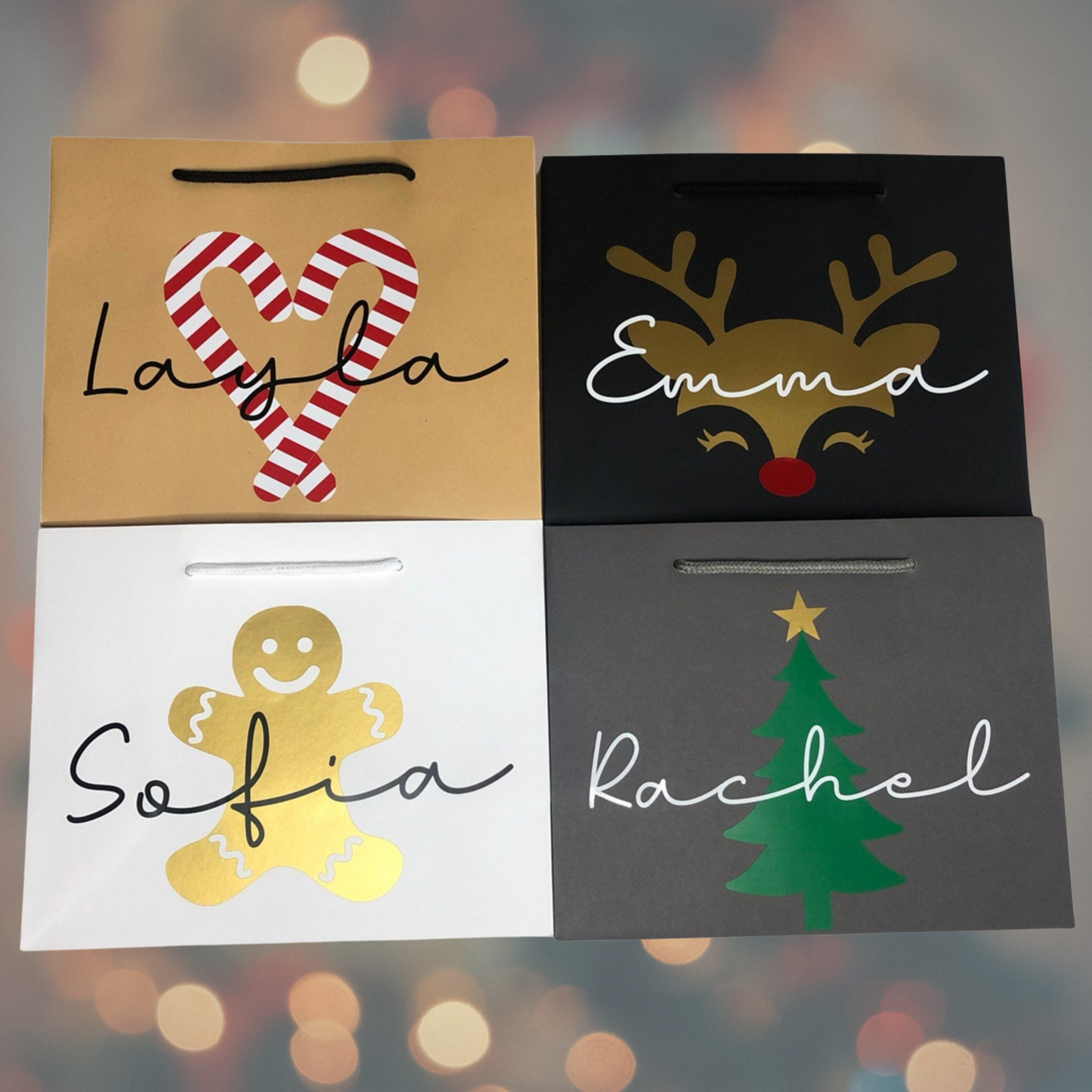 Personalised Christmas Luxury Gift Bag - Gingerbread Candy Cane Rudolph Christmas Tree Designs - Various Colours - Special Present