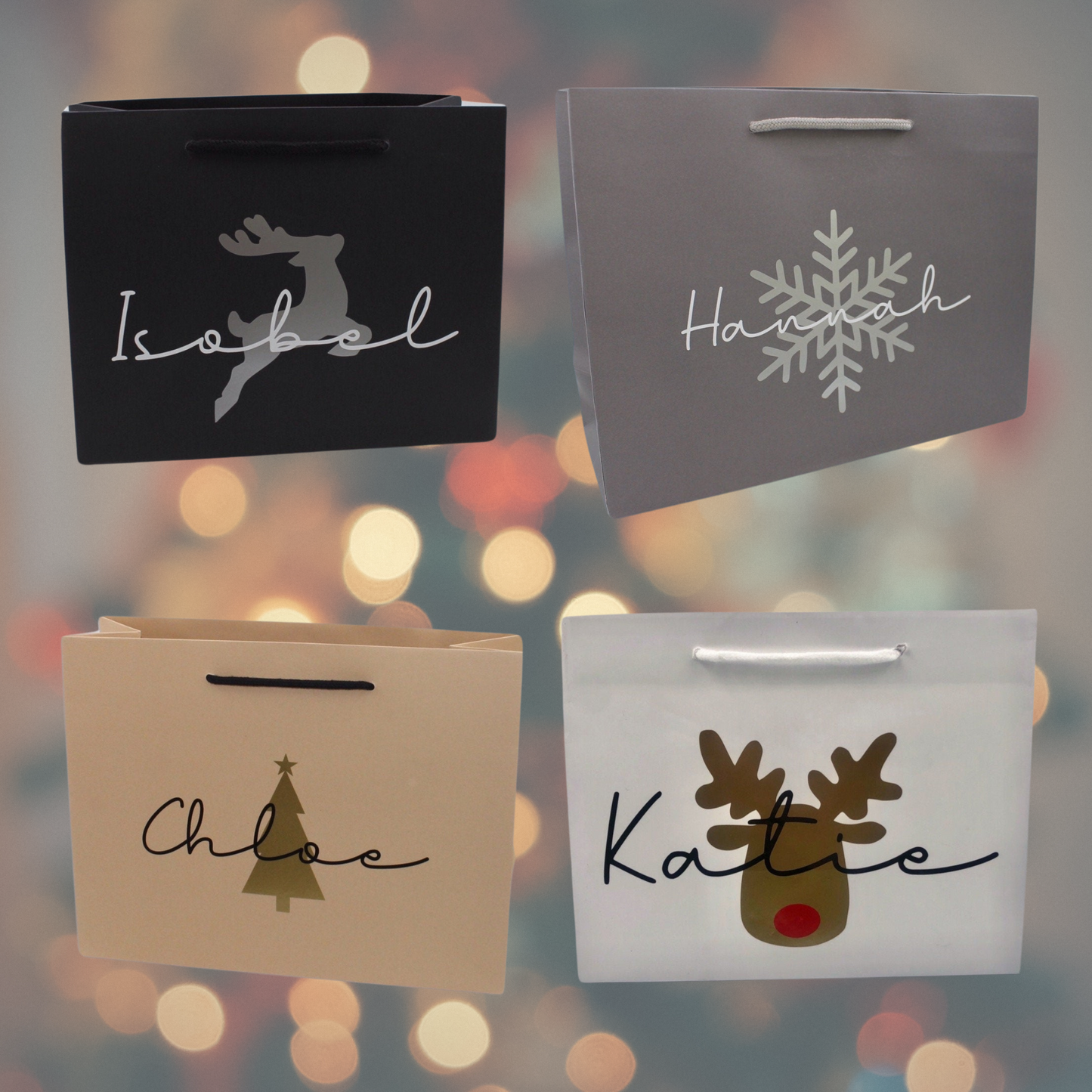 Personalised Christmas Luxury Gift Bag - Reindeer Snowflake Rudolph Christmas Tree Designs - Various Colours - Special Present