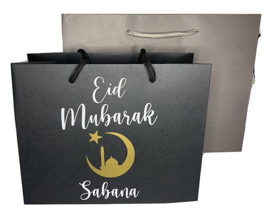 Personalised Eid Mubarak Luxury Gift Bag - Any Custom Name - Black or Grey Bags