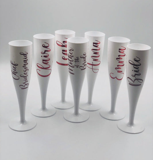 Personalised Champagne Flute - Biodegradable White Plastic - Prosecco glass - hen party, bridal shower, wedding