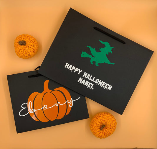 Personalised Halloween Luxury Party Gift Bag - Any Name - Various Colours - Trick or Treat Present Pumpkin Witch