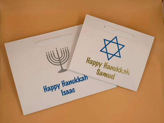 Personalised Happy Hanukkah Luxury Gift Bag - Any Name - Various Colours - Menorah Jewish Celebration Present Favour