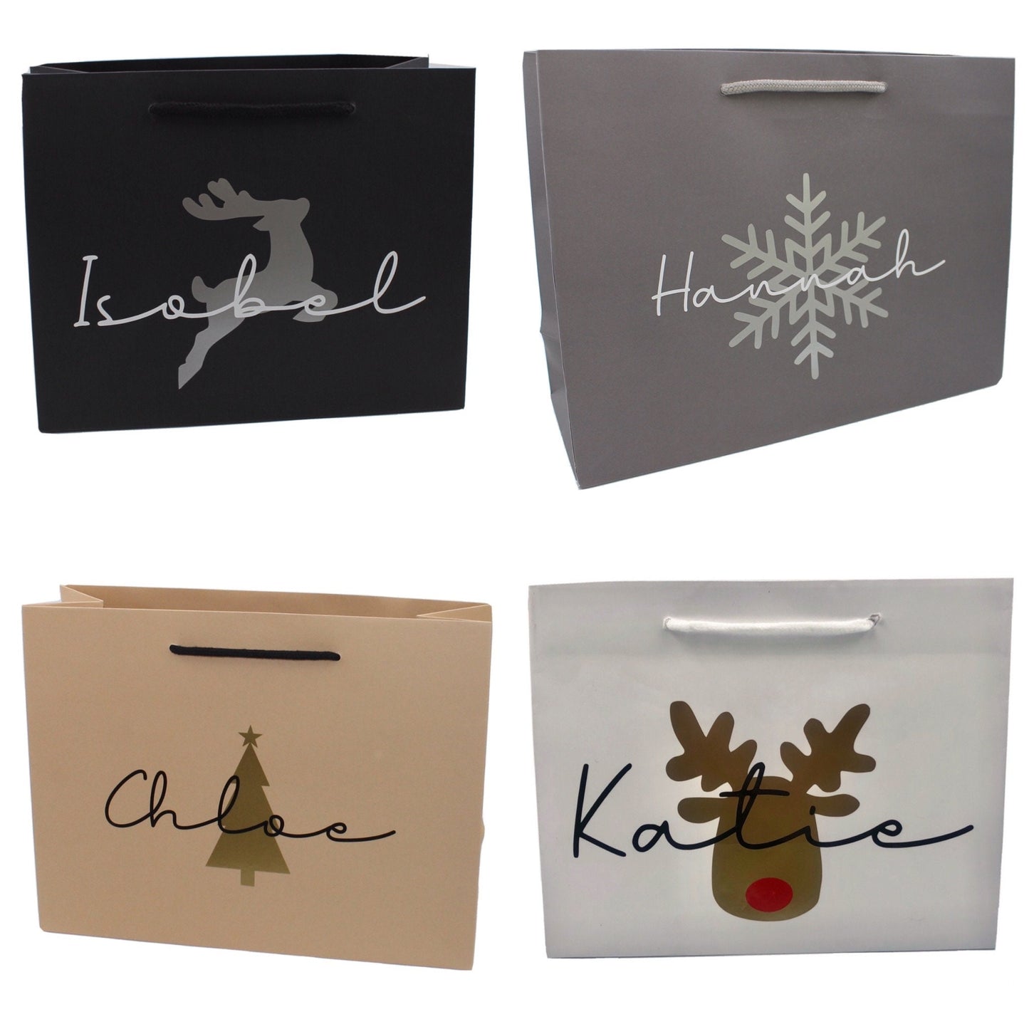 Personalised Christmas Luxury Gift Bag - Reindeer Snowflake Rudolph Christmas Tree Designs - Various Colours - Special Present