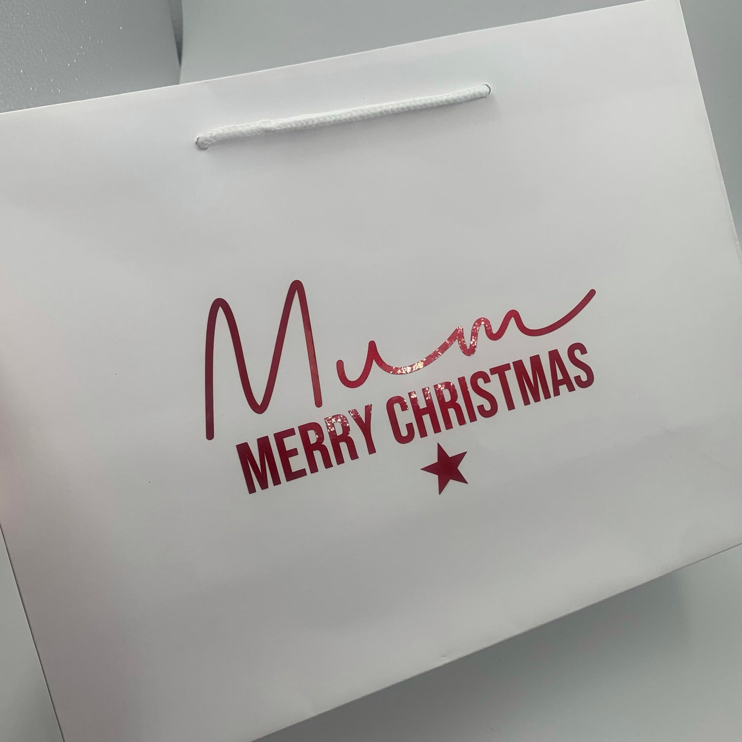 Personalised Christmas Luxury Gift Bag - Metallic Merry Christmas wording and star design - Various Colours - Special Present