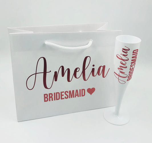 Personalised Bridesmaid, Bride, Mother of the Bride Gift Set/Bundle - Champagne Flute and Matching Gift Bag -Variety of bag and font colours