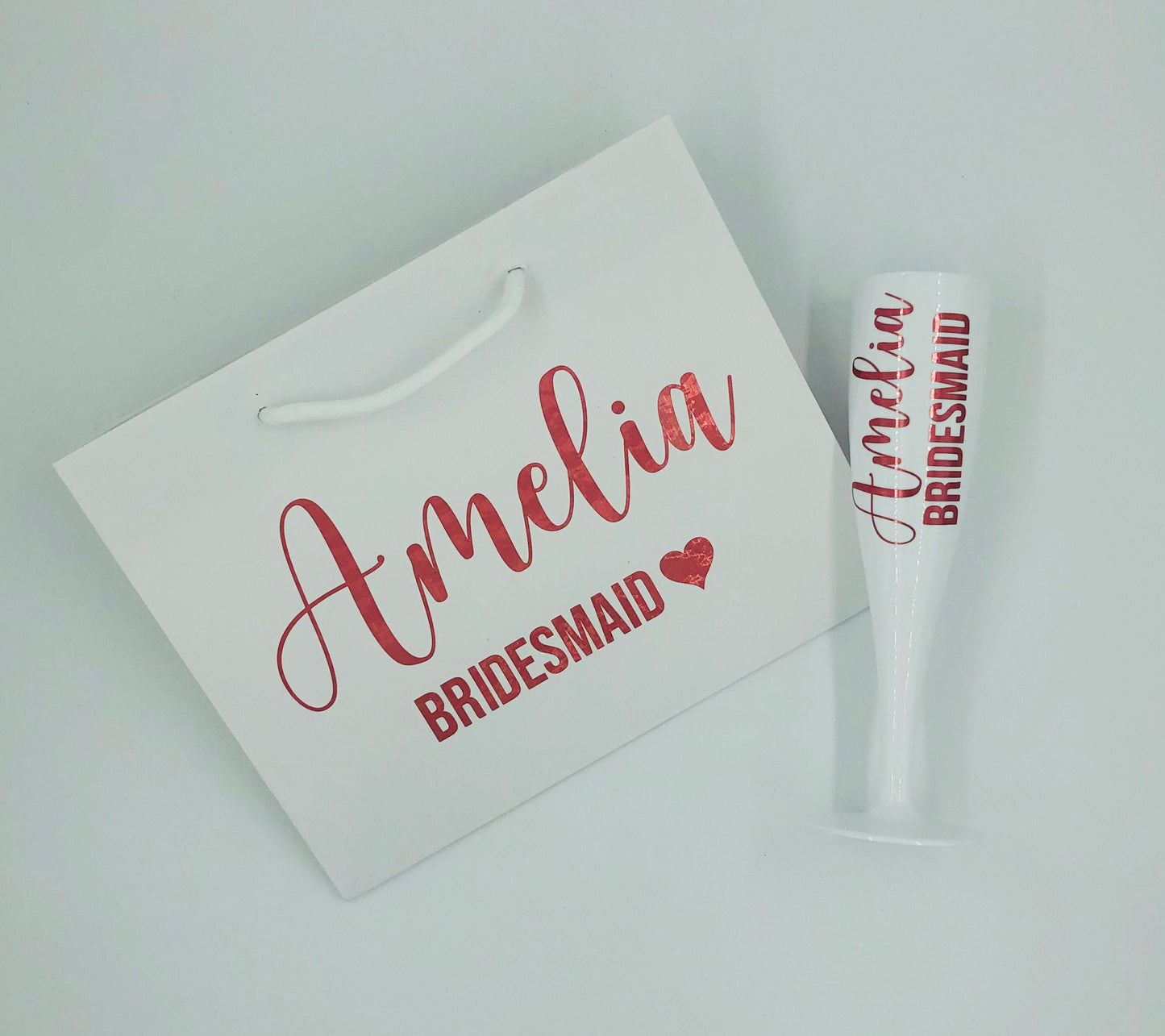 Personalised Bridesmaid, Bride, Mother of the Bride Gift Set/Bundle - Champagne Flute and Matching Gift Bag -Variety of bag and font colours