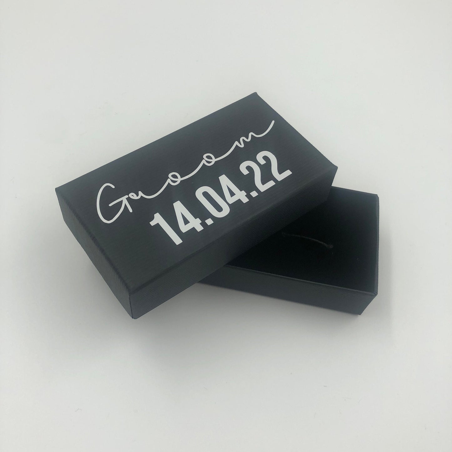 Personalised Groom, Groomsman, Father of the Bride Cufflink Box - Black Keepsake box with white writing - Personalised Date