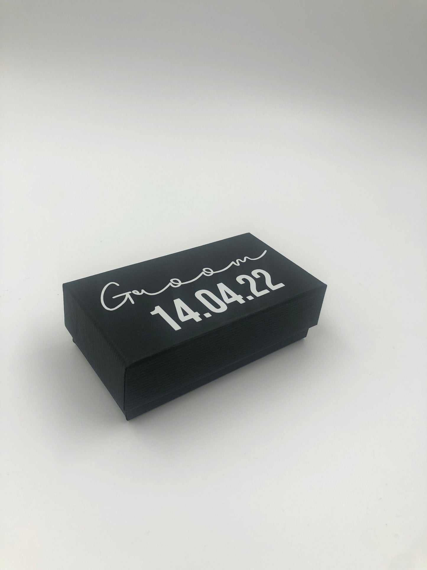 Personalised Groom, Groomsman, Father of the Bride Cufflink Box - Black Keepsake box with white writing - Personalised Date