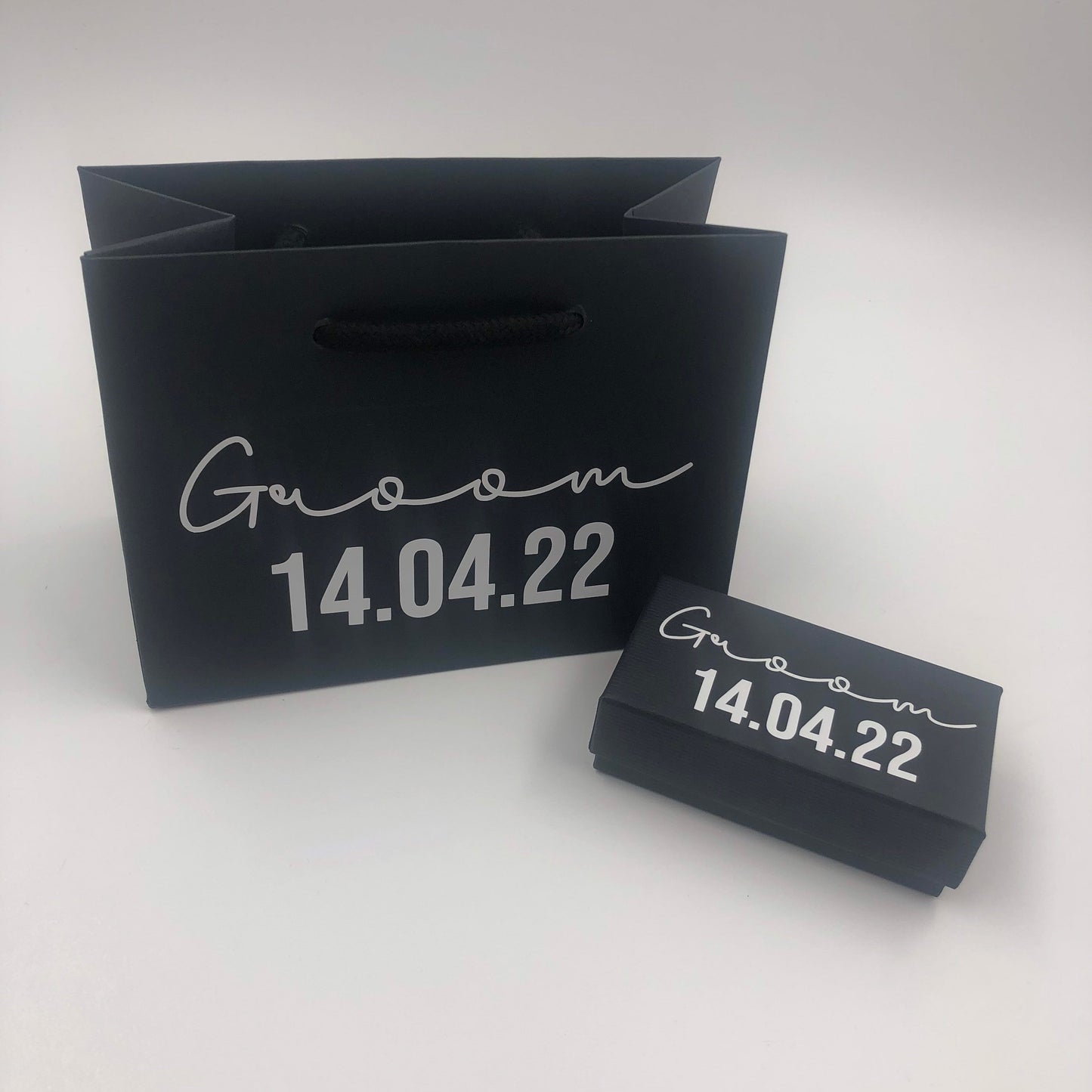 Personalised black cufflink box with matching small black gift bag - best man, groom, father of the bride, father of the groom, groomsman