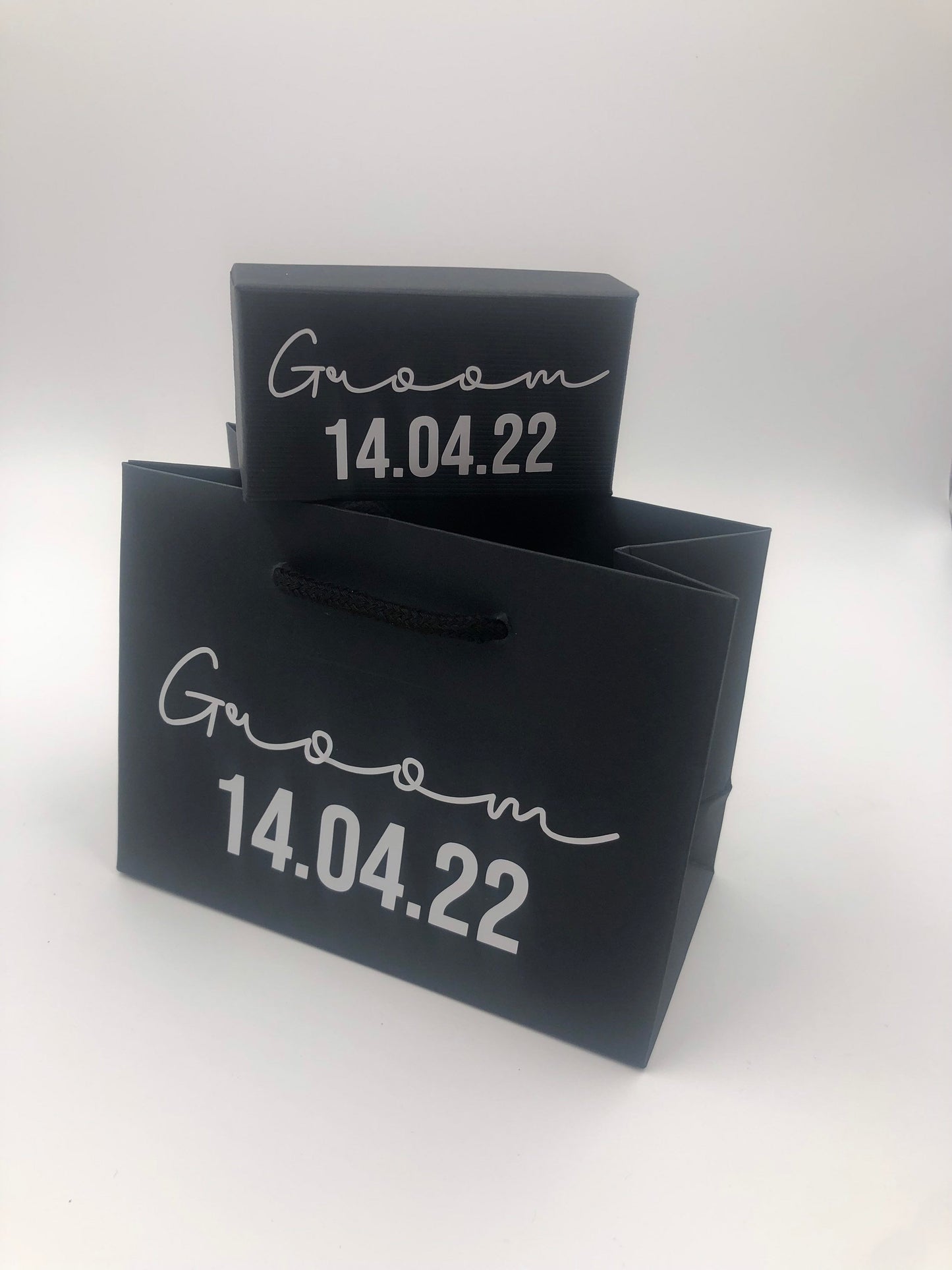 Personalised black cufflink box with matching small black gift bag - best man, groom, father of the bride, father of the groom, groomsman