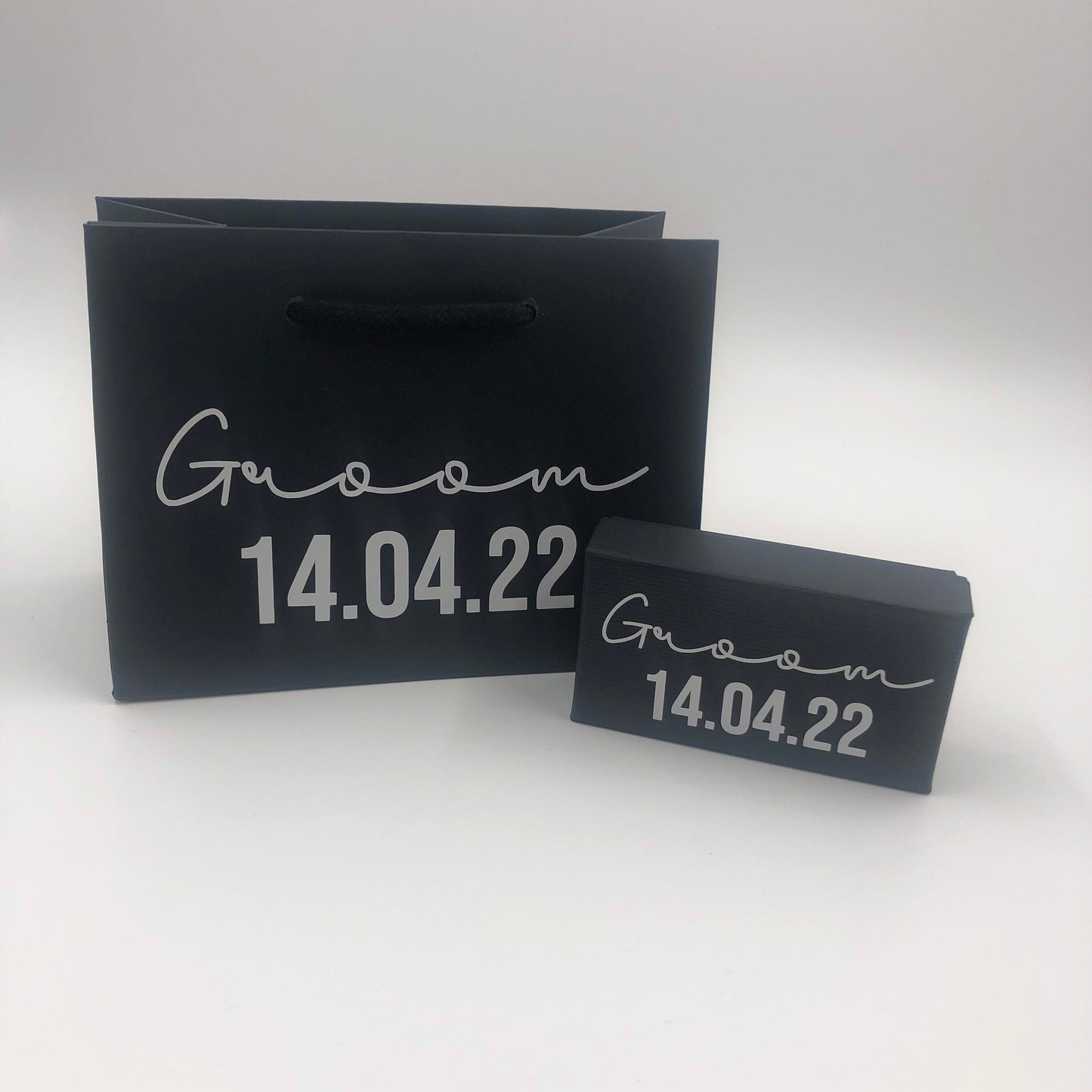 Personalised black cufflink box with matching small black gift bag - best man, groom, father of the bride, father of the groom, groomsman