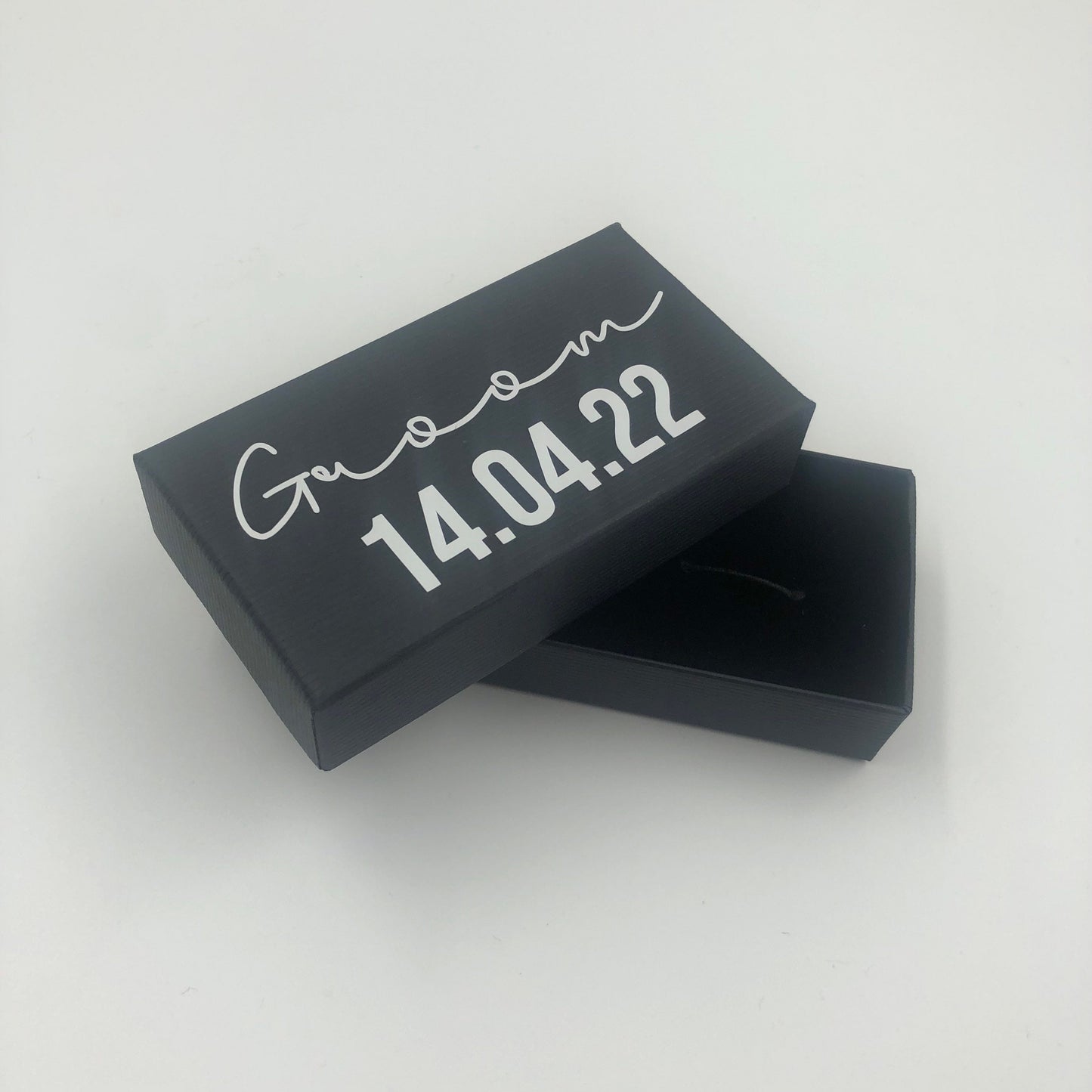 Personalised black cufflink box with matching small black gift bag - best man, groom, father of the bride, father of the groom, groomsman
