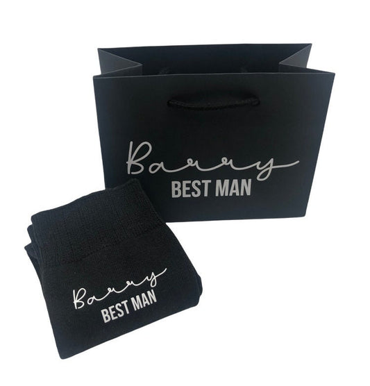 Personalised black socks with matching small black gift bag - best man, groom, father of the bride, father of the groom, groomsman