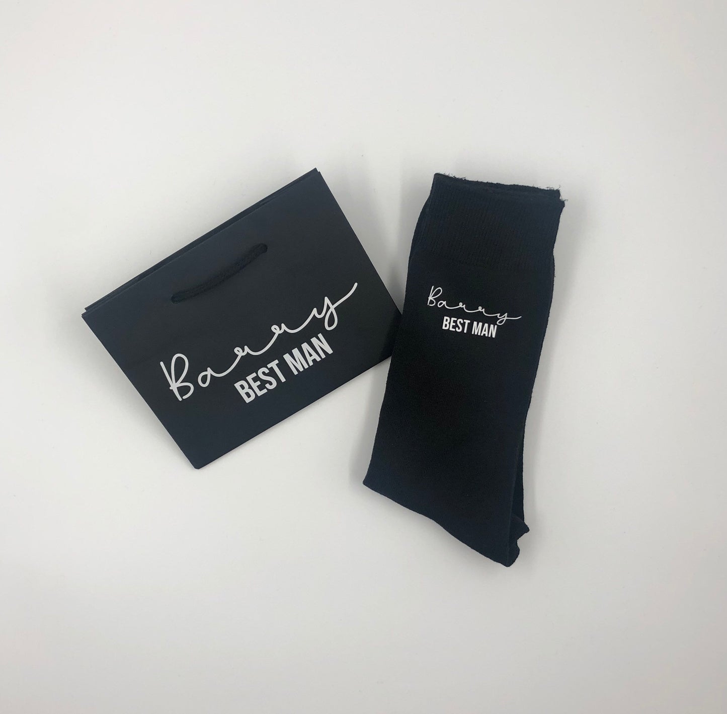 Personalised black socks with matching small black gift bag - best man, groom, father of the bride, father of the groom, groomsman