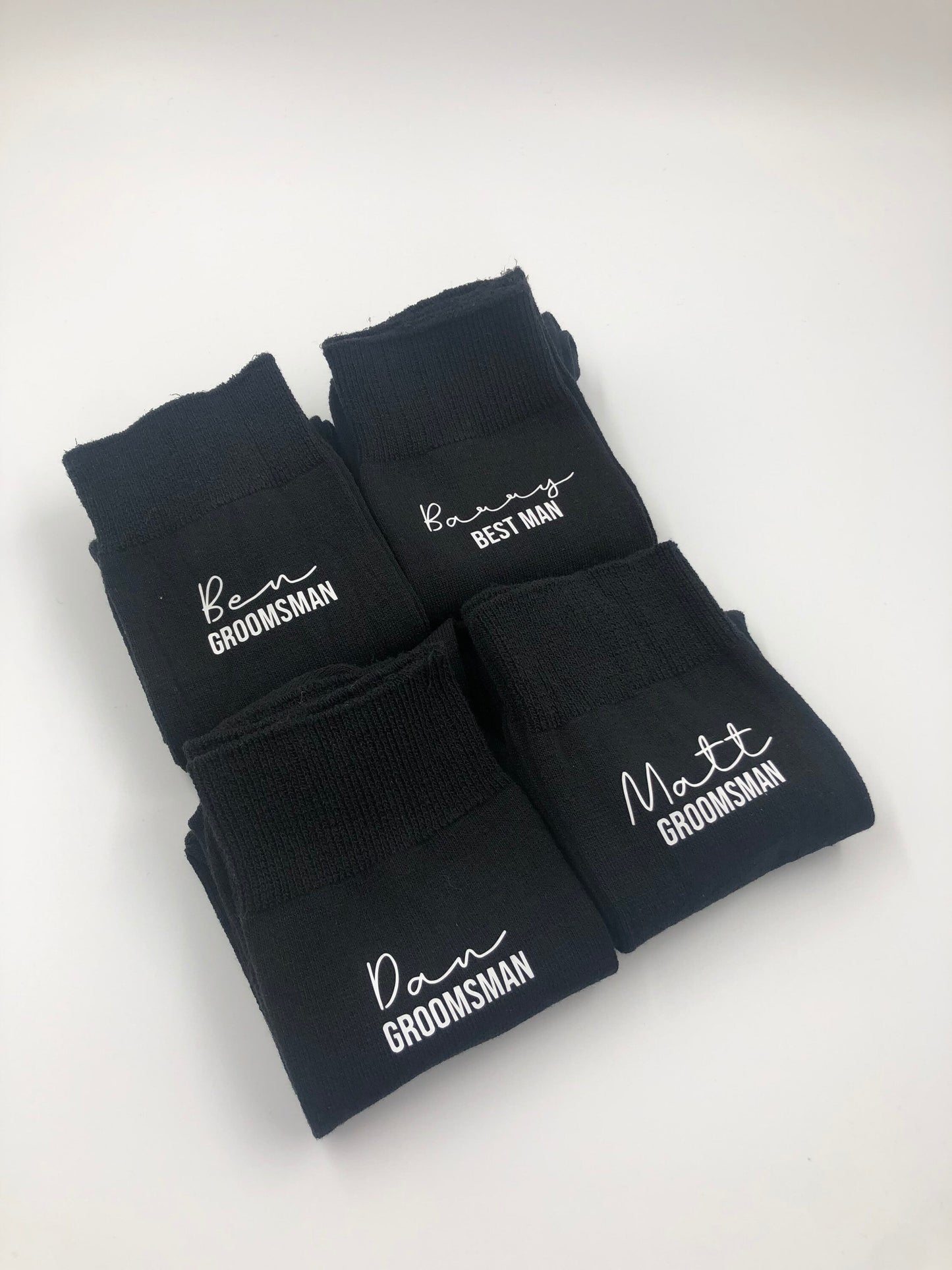 Personalised black socks with matching small black gift bag - best man, groom, father of the bride, father of the groom, groomsman