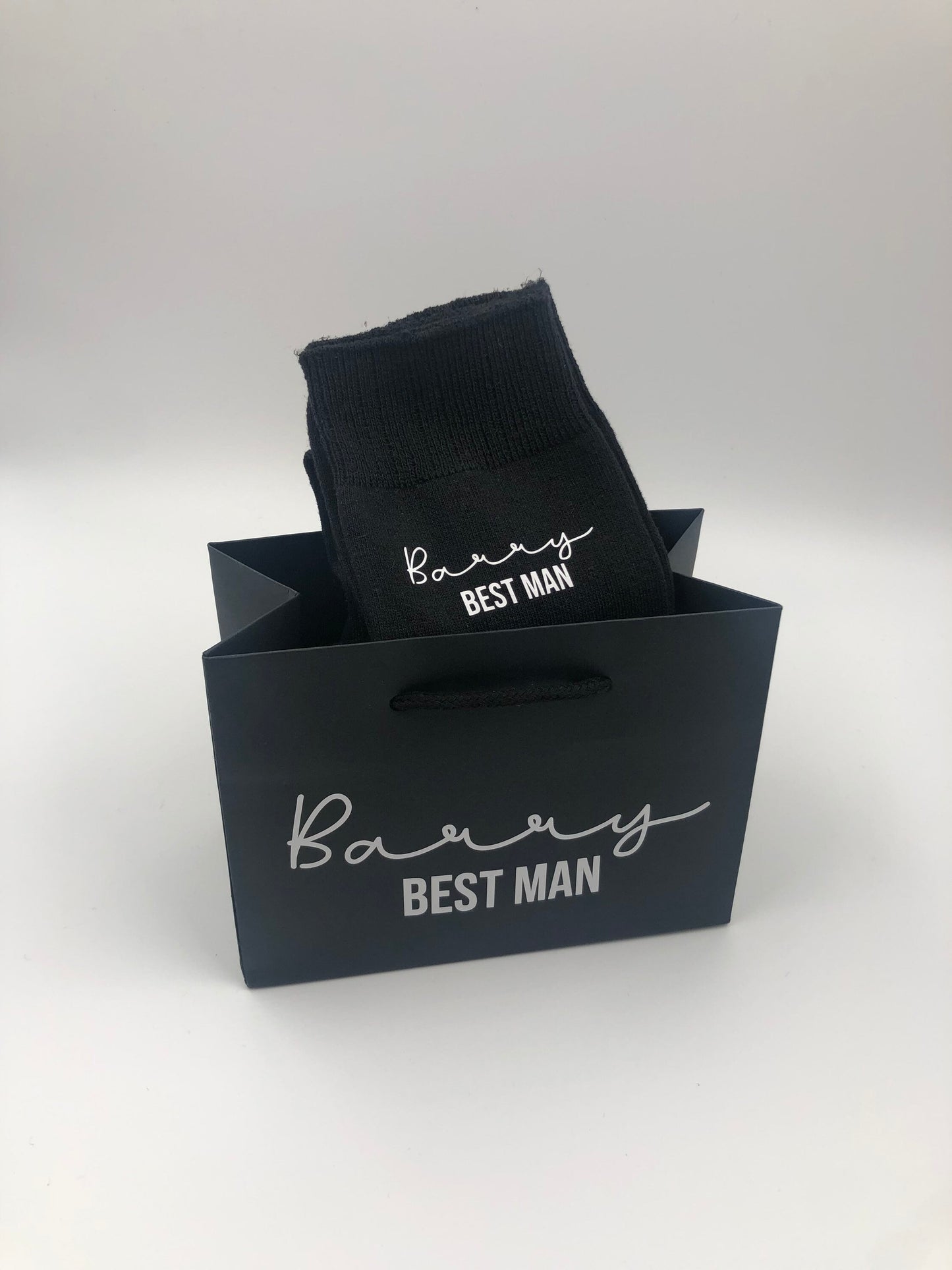 Personalised black socks with matching small black gift bag - best man, groom, father of the bride, father of the groom, groomsman