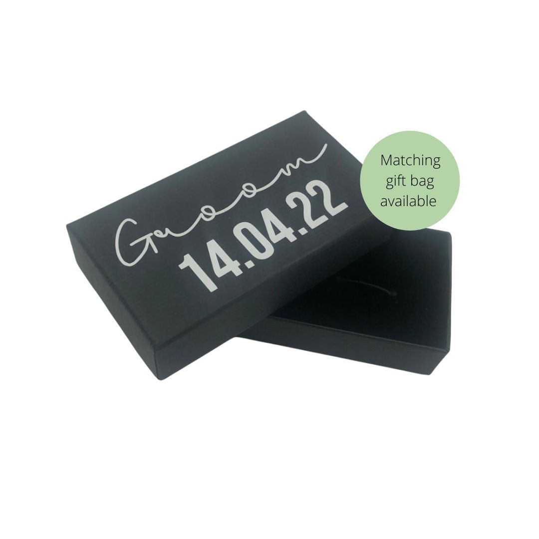 Personalised Groom, Groomsman, Father of the Bride Cufflink Box - Black Keepsake box with white writing - Personalised Date