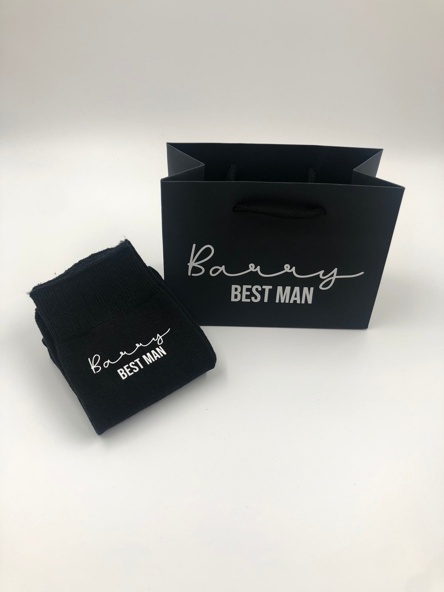 Personalised black socks with matching small black gift bag - best man, groom, father of the bride, father of the groom, groomsman