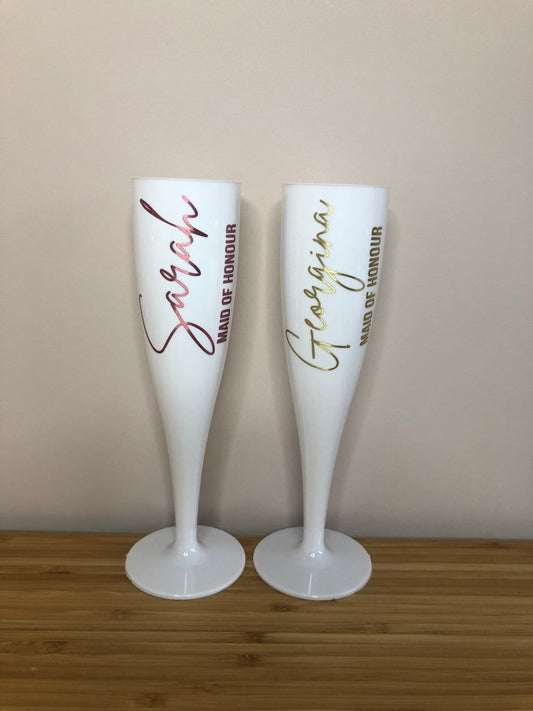 Personalised Champagne Flute - Biodegradable White Plastic - Prosecco glass - hen party, bridal shower, wedding, party, Birthday