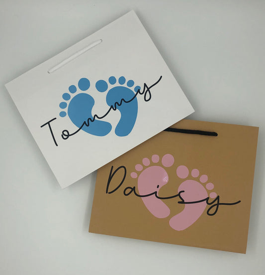 Personalised Newborn Baby Luxury Gift Bag - Any Name - Various Colours - New baby, Baby Shower, Congratulations - Baby Footprints