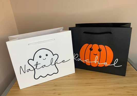 Personalised Halloween Luxury Party Gift Bag - Any Name - Various Colours - Trick or Treat Present Pumpkin Ghost design