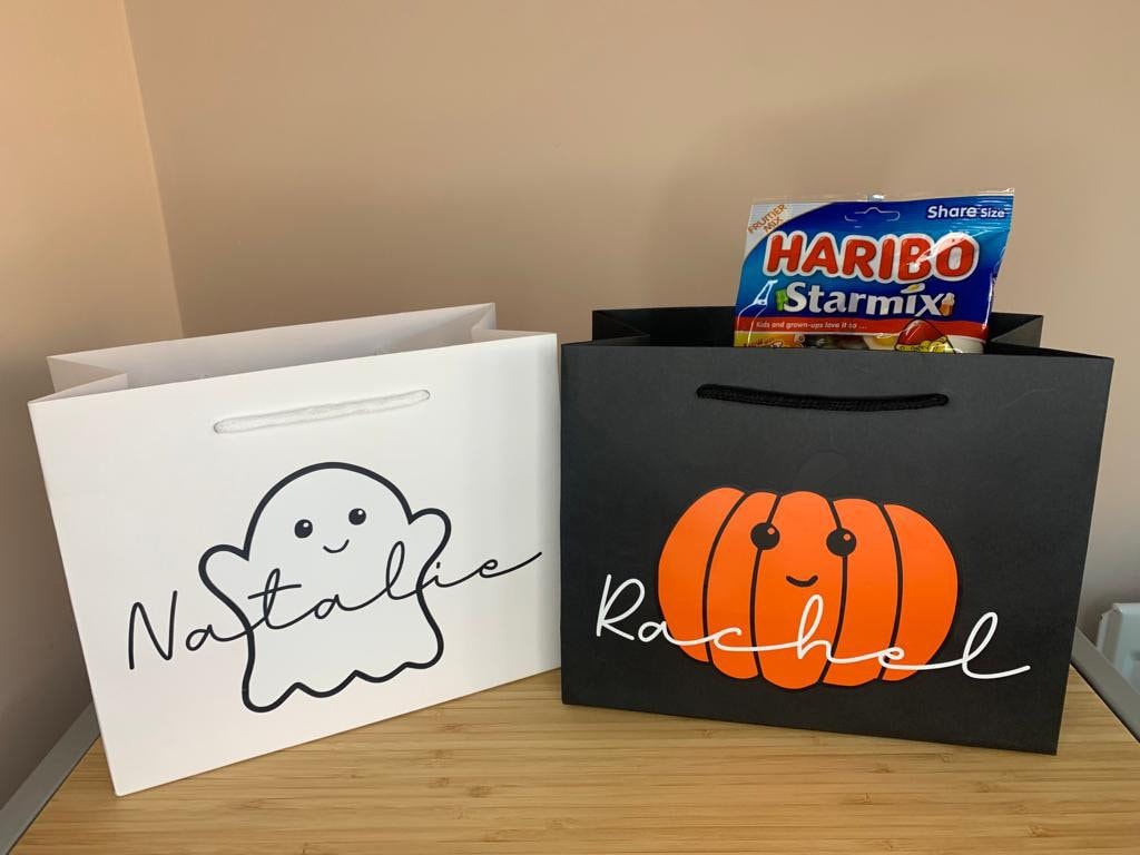 Personalised Halloween Luxury Party Gift Bag - Any Name - Various Colours - Trick or Treat Present Pumpkin Ghost design