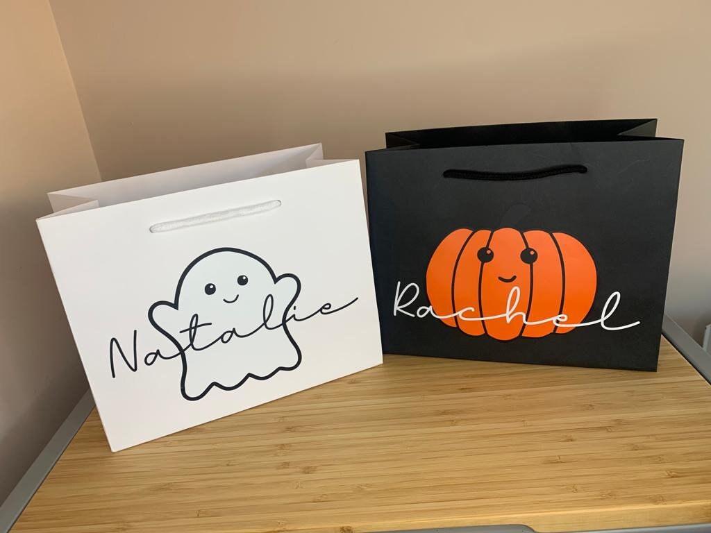 Personalised Halloween Luxury Party Gift Bag - Any Name - Various Colours - Trick or Treat Present Pumpkin Ghost design