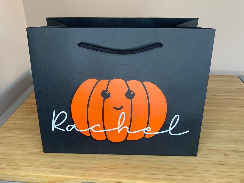 Personalised Halloween Luxury Party Gift Bag - Any Name - Various Colours - Trick or Treat Present Pumpkin Ghost design