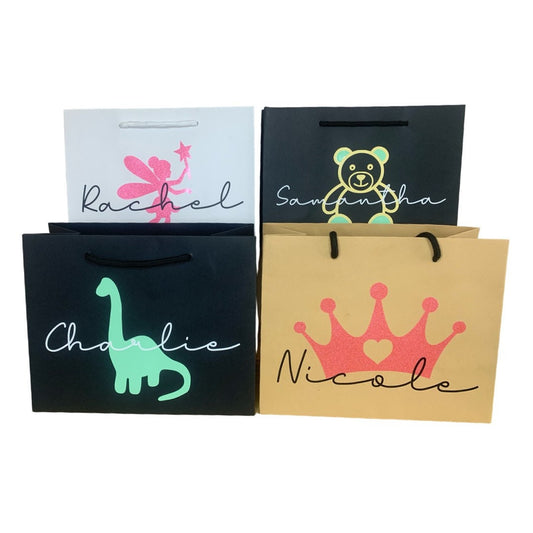 Personalised Children's Birthday Luxury Gift Bag - Dinosaur, Teddy Bear, Crown, Fairy - Various Colours - Kid's Party