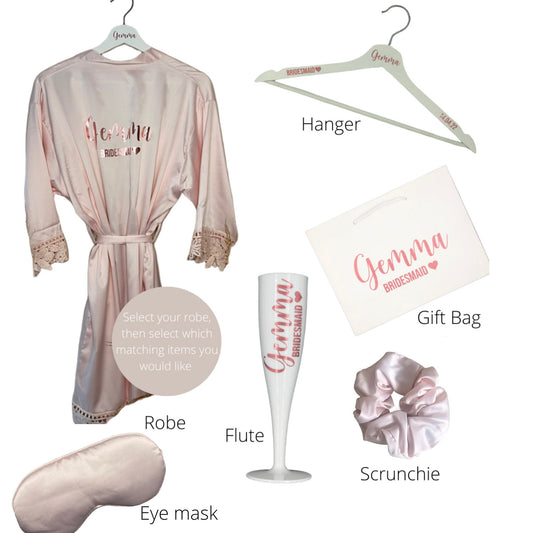 Personalised Bridal Party Bundle | Bridesmaid Robes, Bridesmaid Gift, Bride Customised Set | Robe, Champagne Flute, Hanger,Gift Bag