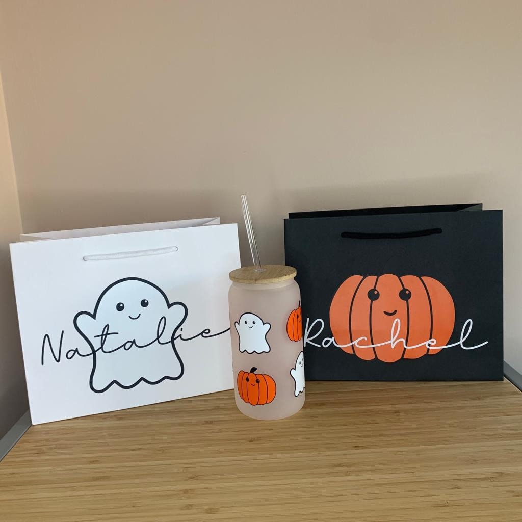 Personalised Halloween Luxury Party Gift Bag - Any Name - Various Colours - Trick or Treat Present Pumpkin Ghost design